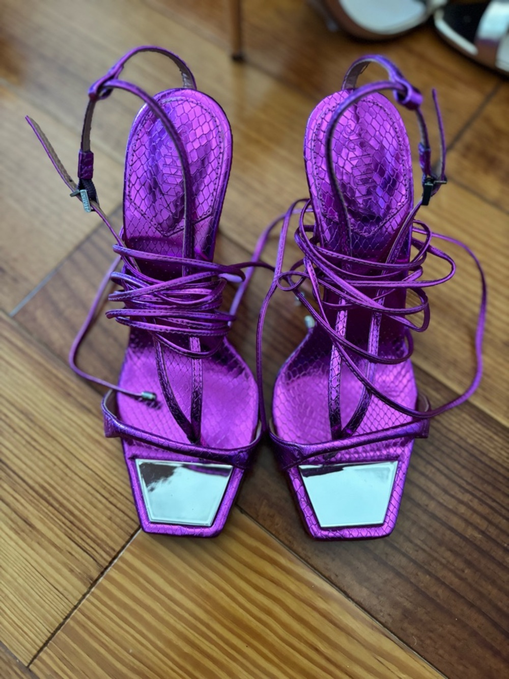 NWOB SCHUTZ Metallic Purple Lace-Up Stiletto Sandal - Picture 2 of 7